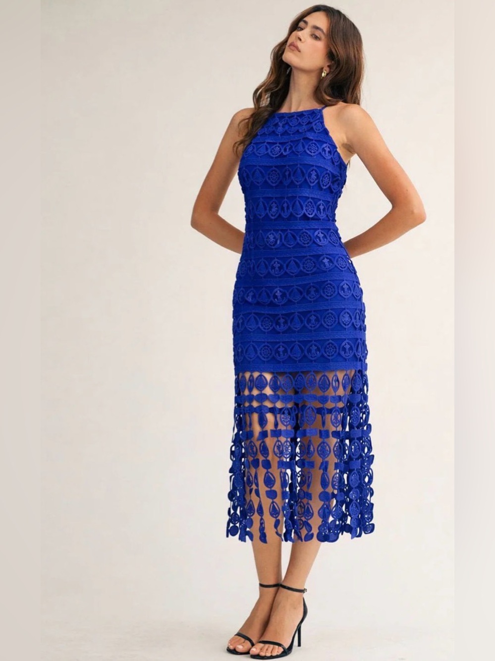 Sleeveless Blue Midi Crochet Dress, L NEW